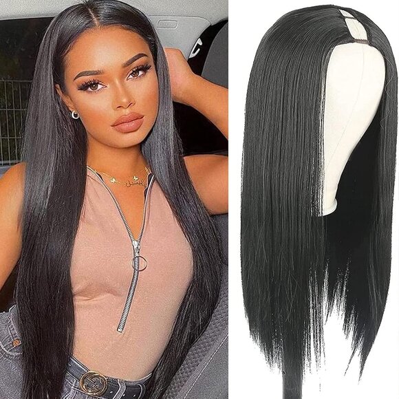 NEW 22-Inch Straight V Part Wig Synthetic Hair Long Black Half Wig Glueless - Picture 1 of 8